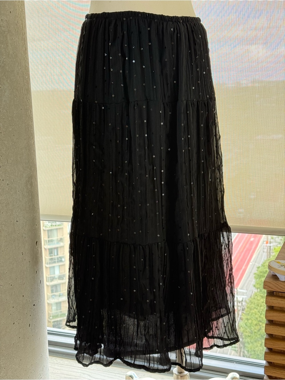Vintage Black Tiered Maxi Skirt with Sequin Dots